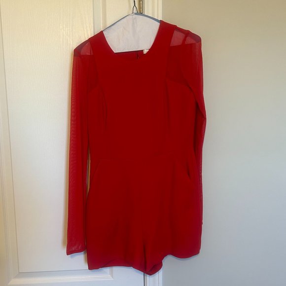 BCBG Mesh Long Sleeve Pannel Romper - Cardinal Red - Picture 2 of 4